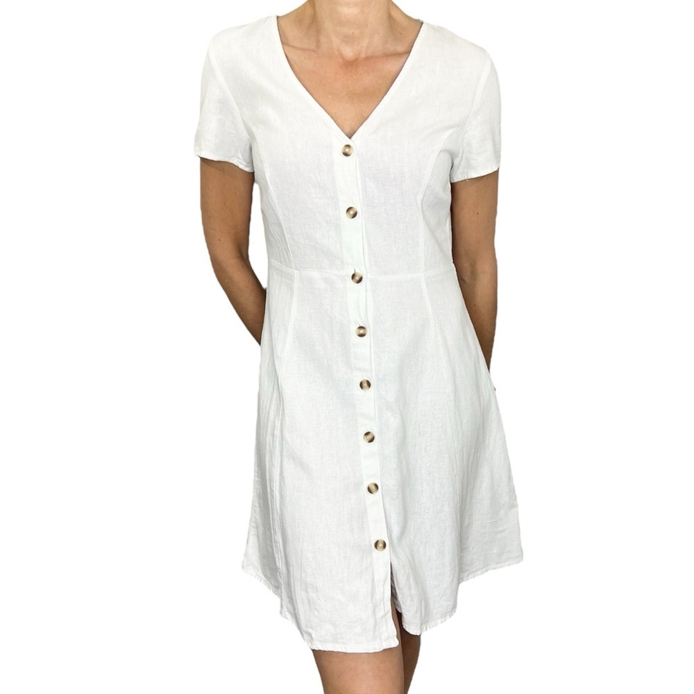 Minimalist coastal white linen cotton style short sleeve button front mini dress